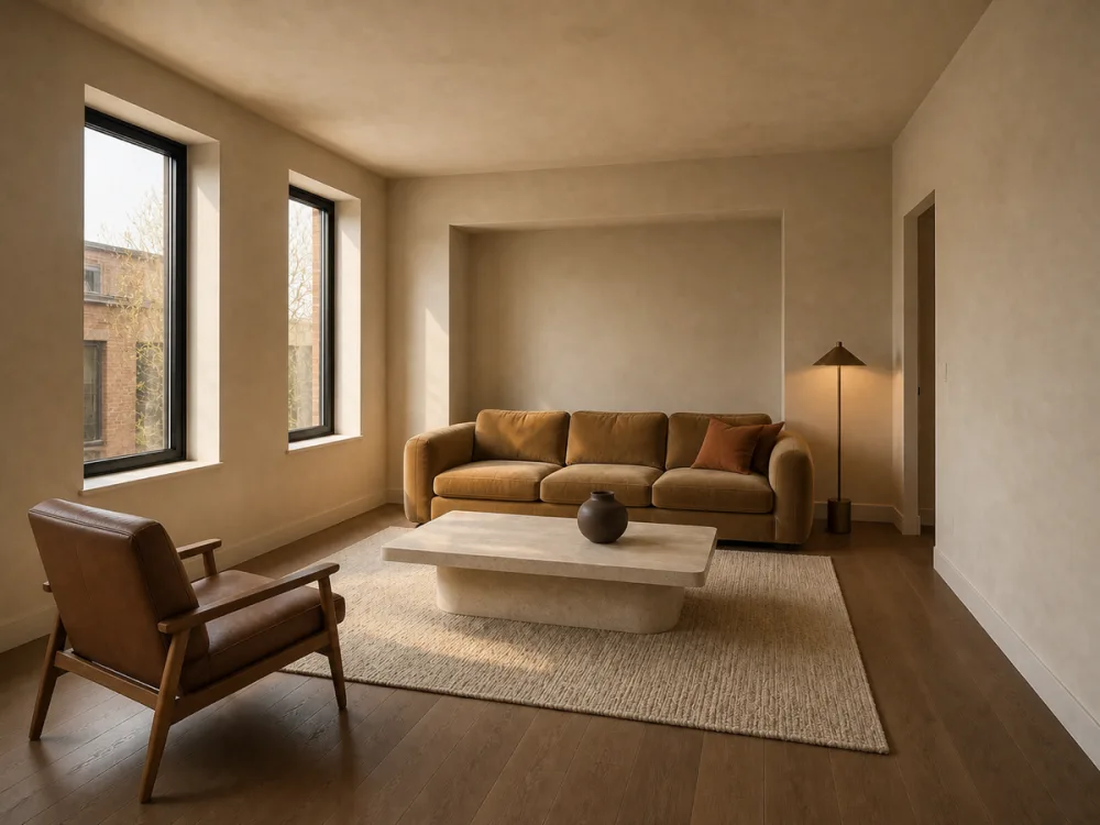 Bright minimalist living room with a linen sofa, an interior listing frame