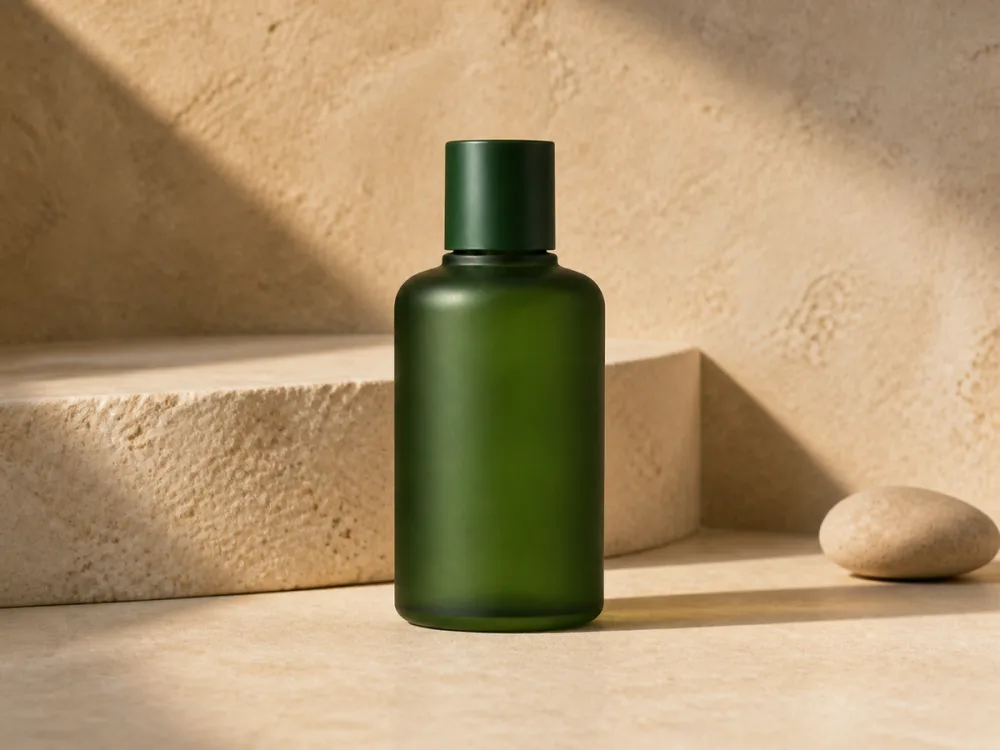 Green cosmetic bottle on a sunlit stone ledge, a product launch packshot