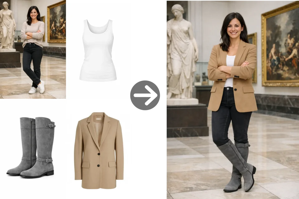Model shown with a swapped blazer for an online store listing