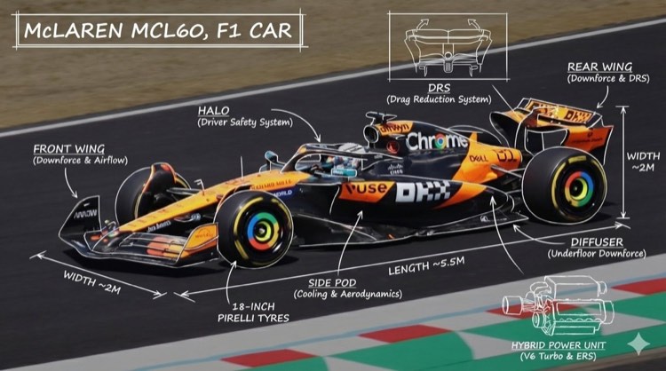 Orange racing car side view with hand-drawn labels for wings, halo, sidepod and power unit