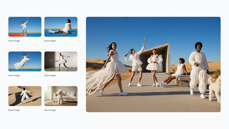 Desert location group photo assembled from six separate portraits of models in white balloon-like costumes