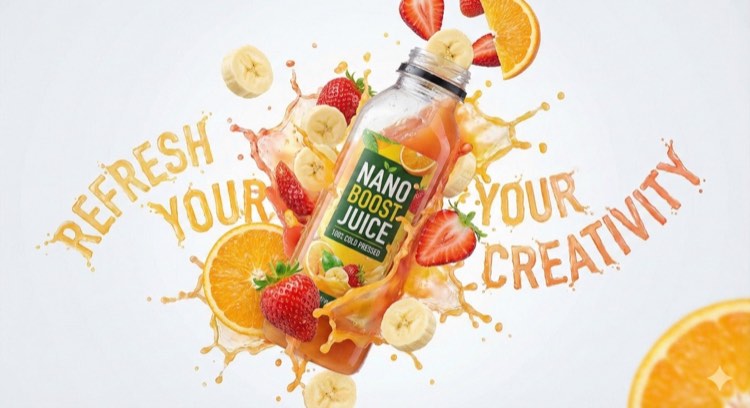Juice bottle floating among strawberries, oranges and banana slices with splash lettering