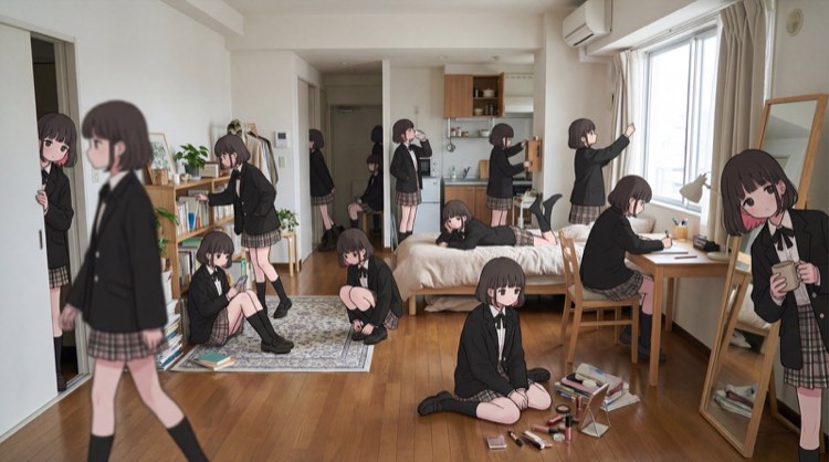 Anime schoolgirl in a black blazer shown in many poses across one sunlit apartment