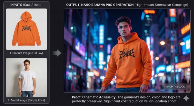 Orange hoodie product photo and model shot merged into a neon street campaign still used as a Seedance 3.0 start frame