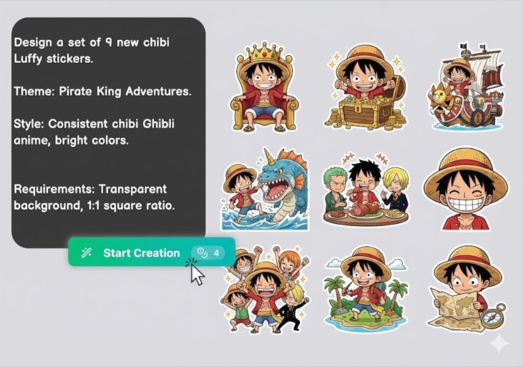Grid of nine chibi pirate cartoon stickers generated from one text brief