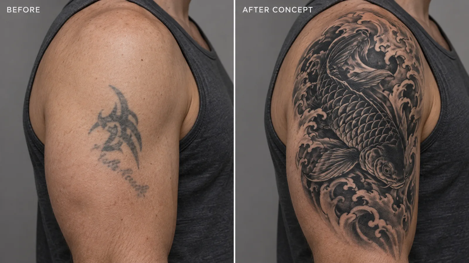 Before and after concept for a tattoo cover-up