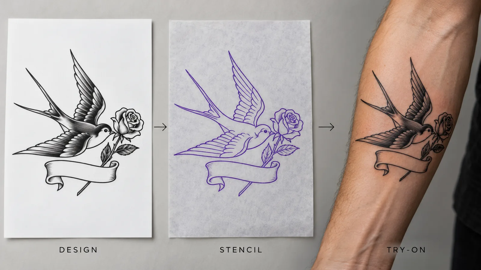 A tattoo design converted to a stencil and previewed on a forearm