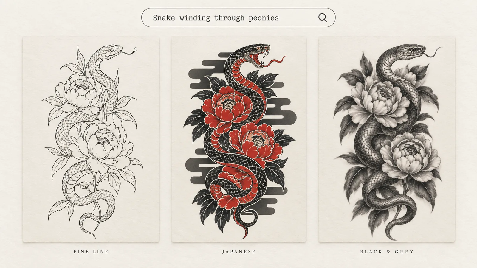 One tattoo idea rendered in fine line, Japanese and black and grey styles