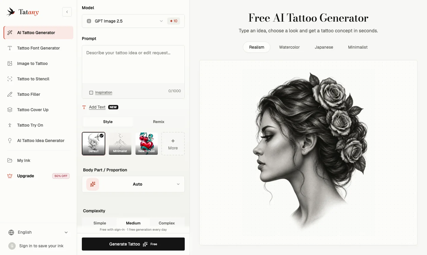 Screenshot of the Tatany AI tattoo generator interface