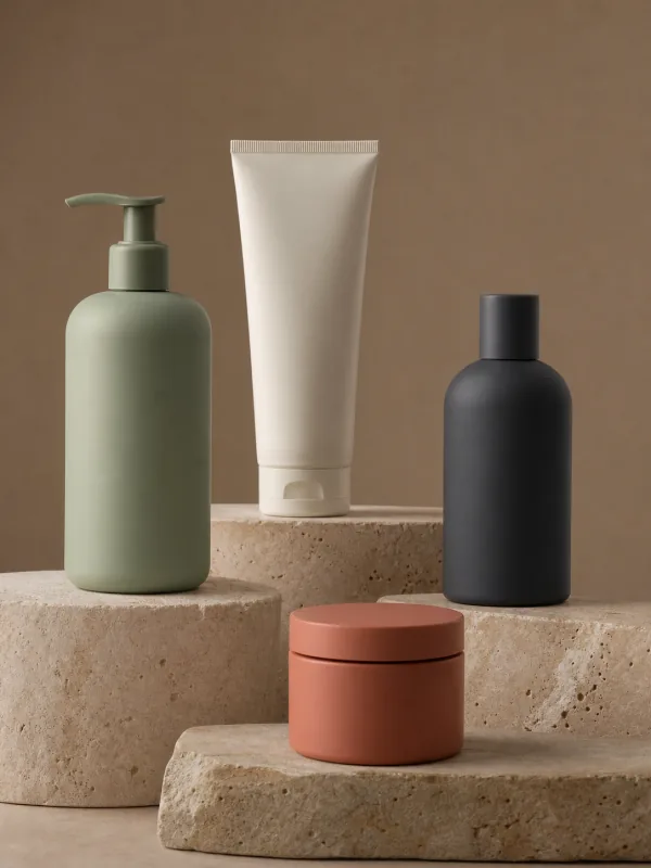 Sage, white and charcoal skincare bottles on sandstone plinths, a brand product collection shot