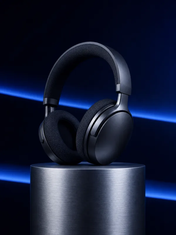 Matte black over-ear headphones on a brushed steel plinth with blue light streaks, a product launch key visual