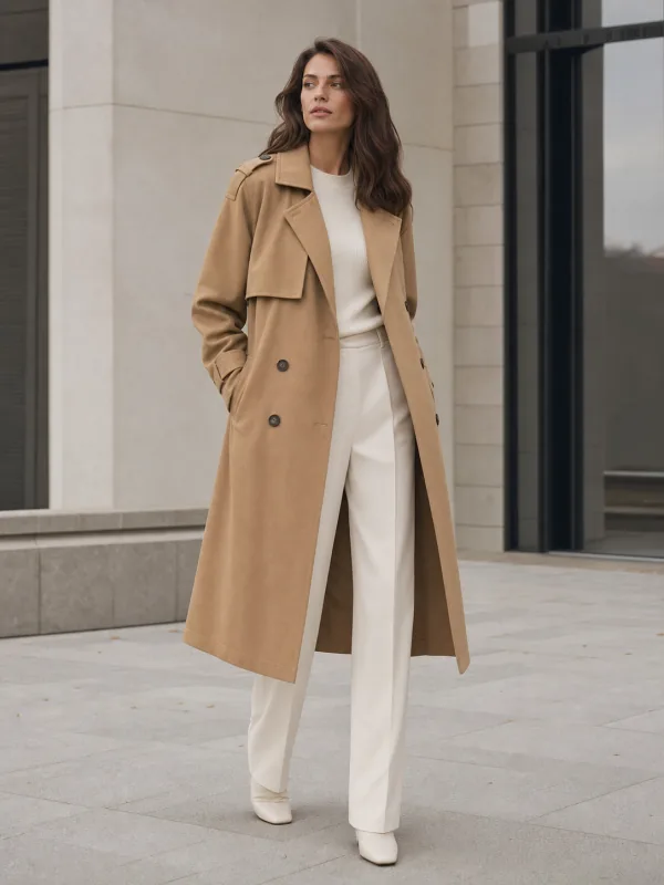 Model walking in a camel trench coat outside a modern building, a fashion retail lookbook frame