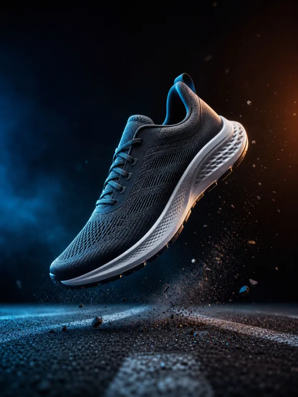 Navy running shoe floating over a dark track as dust particles burst around it, a sportswear ad frame