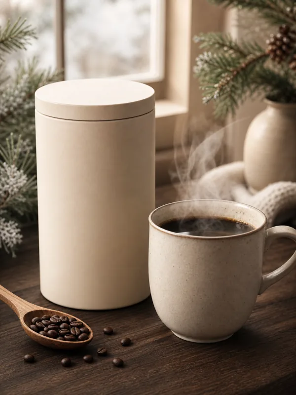 Ceramic coffee canister and steaming mug on a winter windowsill with pine and coffee beans, a seasonal beverage launch