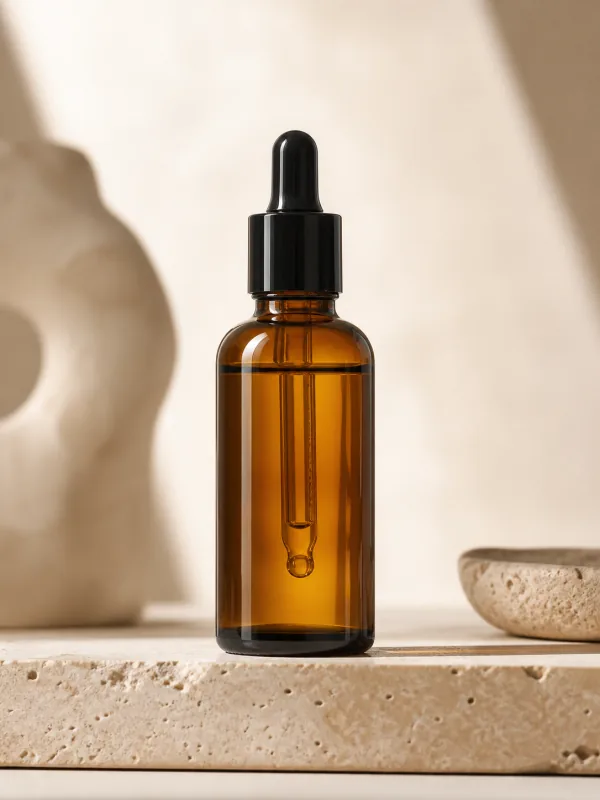 Amber dropper serum bottle on a stone ledge in soft daylight, a skincare product packshot