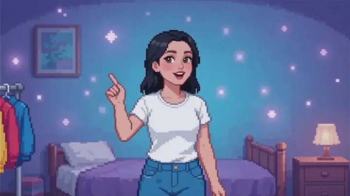 Stylized pixel-art character in a bedroom, a Veo 3.1 Fast sample