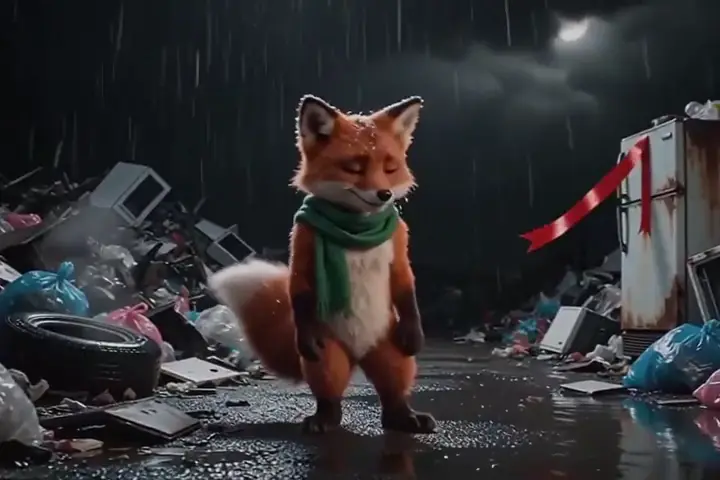 Fox in a rainy junkyard at night, a Seedance 1.5 Pro character sample