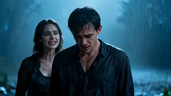 Two people in heavy night rain, a Veo 3.1 Quality cinematic sample